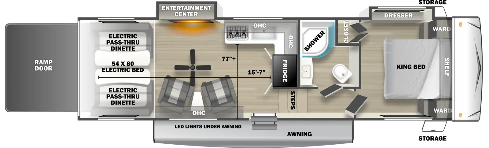 The 2800SRT fifth wheel has 2 slide outs on the off-door side, 1 entry door and 1 rear ramp door. Exterior features include an awning with LED lights and front opposing side storage access. Interior layout from front to back includes front bedroom with foot-facing King bed, shelf over the bed, front corner wardrobes, front facing closet and off-door side slideout holding a dresser; off-door side bathroom with radius shower, toilet and single sink vanity; 3 steps down into the kitchen area with off-door side L-shaped countertop, stovetop, L-Shaped overhead cabinets, sink and rear facing refrigerator; 2 door side recliners with end table; ceiling fan; off-door side slideout holding and entertainment center; and rear 54 x 80 electric bed over electric pass-through dinette. Cargo length from rear of unit to refrigerator is 15 ft. 7 in. Cargo width from countertop to door side wall is 77 inches.